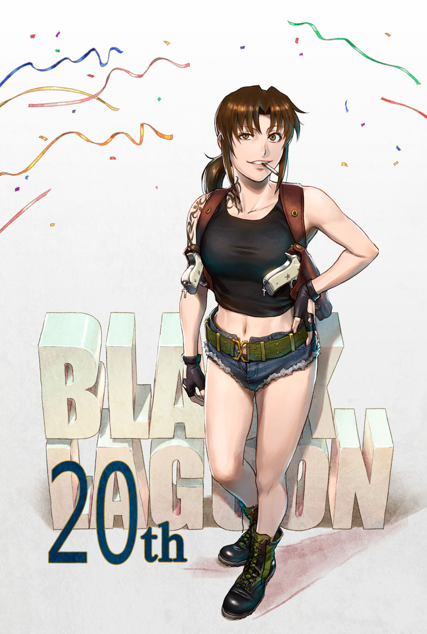 1girl anniversary azasuke belt beretta_92 black_lagoon black_tank_top brown_eyes brown_hair cigarette confetti denim denim_shorts female fingerless_gloves full_body gloves gun hand_on_hip handgun highres holster holstered_weapon midriff navel parted_bangs ponytail revy_(black_lagoon) short_shorts shorts shoulder_holster simple_background sleeveless smoking solo standing streamers tank_top tattoo weapon