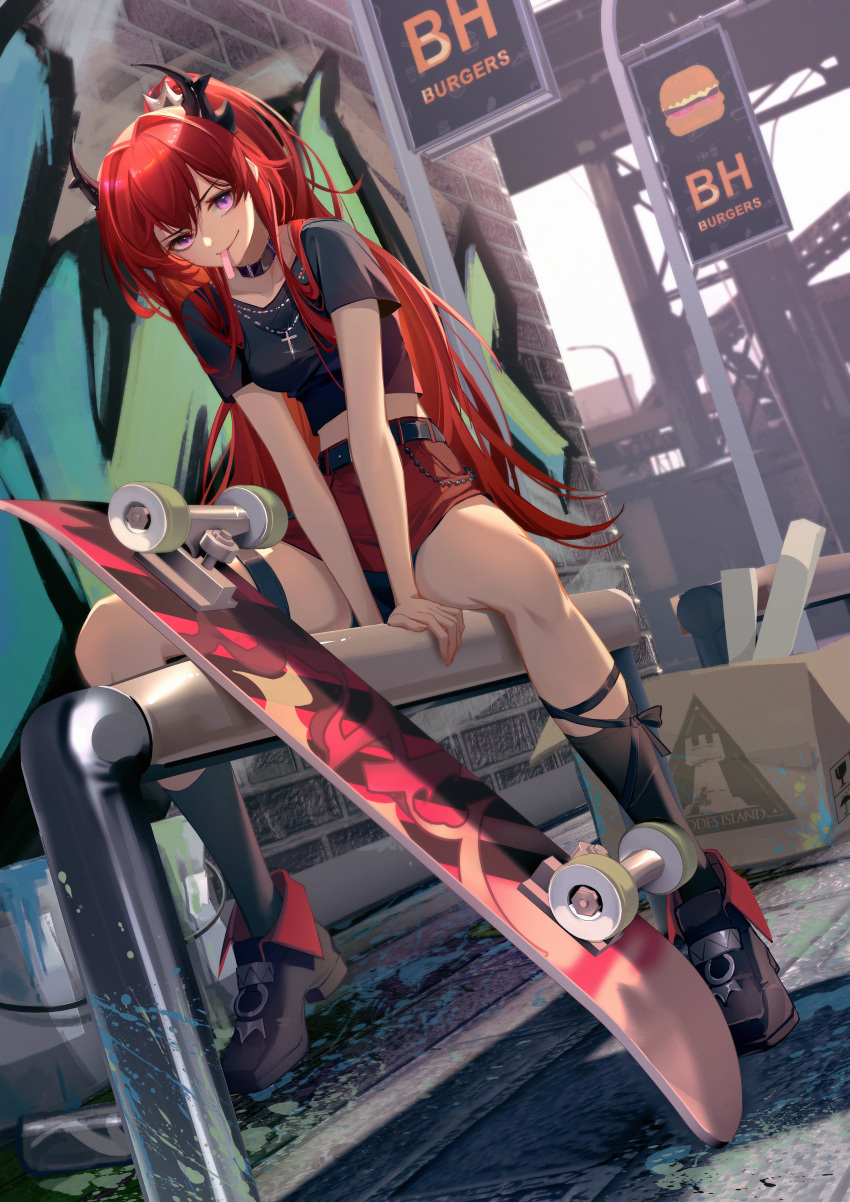 1girl absurdres arknights bangs black_choker black_footwear black_legwear black_shirt box cardboard_box chinese_commentary choker commentary_request crop_top dutch_angle highres huge_filesize kneehighs long_hair looking_at_viewer midriff mouth_hold official_alternate_costume red_skirt redhead rhodes_island_logo shi_xue_kuang_mo shirt shoes short_sleeves sitting skateboard skirt smile solo surtr_(arknights) surtr_(liberte_echec)_(arknights) very_long_hair violet_eyes