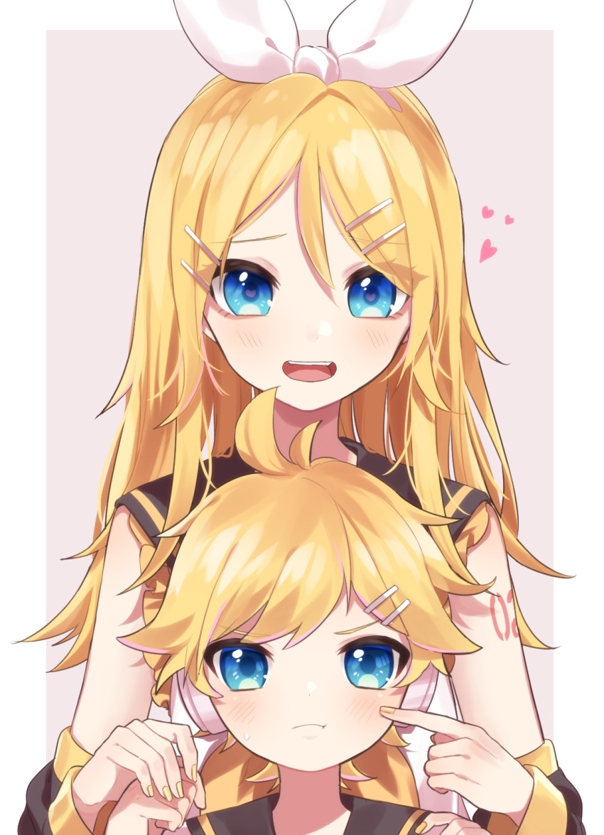 1boy 1girl ahoge bangs blonde_hair blue_eyes blush border closed_mouth commentary_request detached_sleeves eyebrows_behind_hair finger_to_cheek hair_between_eyes hair_ornament hair_ribbon hairclip hands_on_another's_shoulders headphones heart highres kagamine_len kagamine_rin long_hair looking_at_viewer number_tattoo open_mouth pout ribbon sailor_collar short_hair shoulder_tattoo simple_background soramame_pikuto sweatdrop tattoo upper_body upper_teeth vocaloid white_border white_ribbon