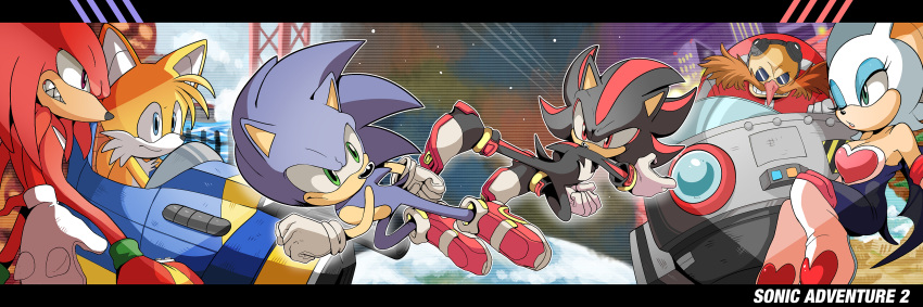 1girl 5boys animal_nose blue_eyes breasts copyright_name dr._eggman evil_grin evil_smile facial_hair furry gloves green_eyes grin highres knuckles_the_echidna multiple_boys mustache one_eye_closed red_eyes red_footwear rouge_the_bat shadow_the_hedgehog sharp_teeth smile sonic_(series) sonic_adventure_2 sonic_the_hedgehog space tails_(sonic) teeth tory_(tory29) violet_eyes white_gloves