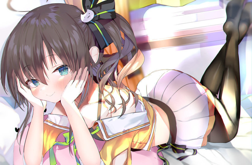 1girl absurdres ahoge aqua_eyes bangs black_legwear black_ribbon blush brown_hair cat_hair_ornament crop_top cropped_jacket full_body hair_between_eyes hair_ornament hair_ribbon halterneck head_rest highres hololive jacket looking_at_viewer lying miniskirt natsuiro_matsuri niku_(hamuchang) no_shoes off-shoulder_jacket on_back on_stomach orange_jacket pantyhose pleated_skirt ribbon short_hair short_sleeves side_ponytail skirt smile solo virtual_youtuber white_skirt