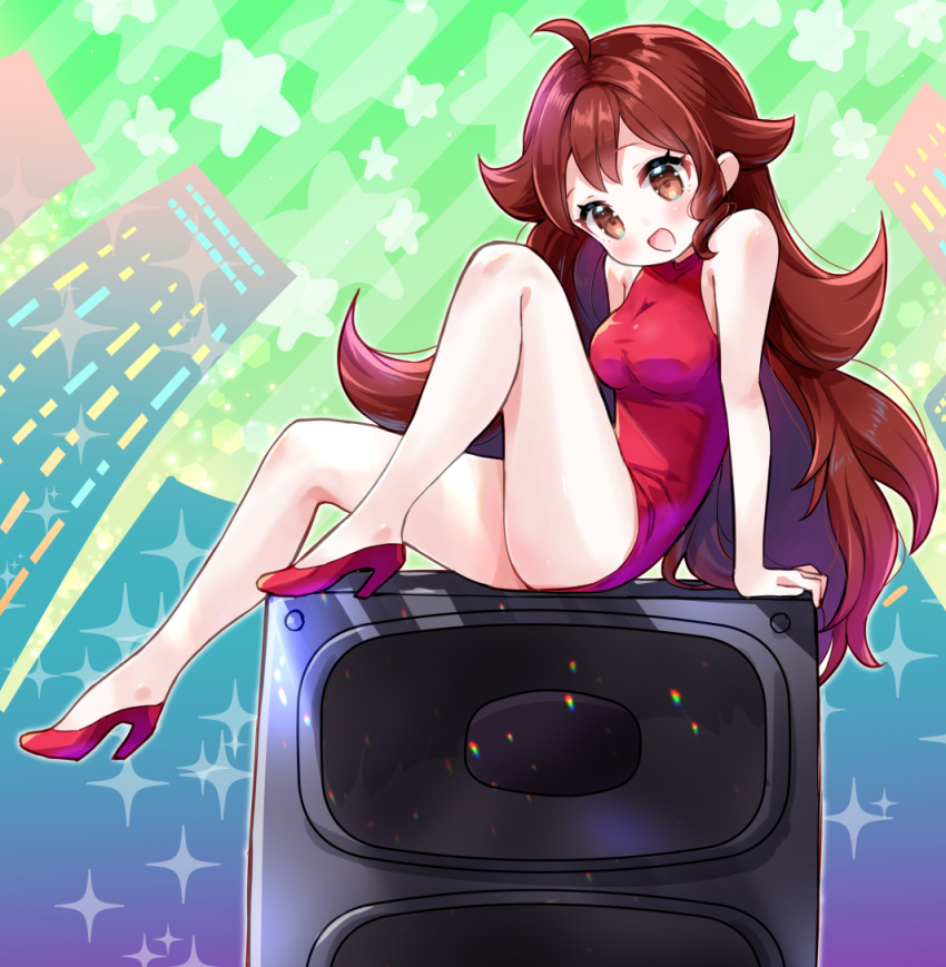 1girl :d amimi arm_support ass bare_arms blush breasts brown_eyes brown_hair commentary_request cute dress friday_night_funkin' girlfriend_(friday_night_funkin') high_heels legs moe newgrounds open_mouth phantomarcade red_dress red_footwear sitting smile speaker thighs