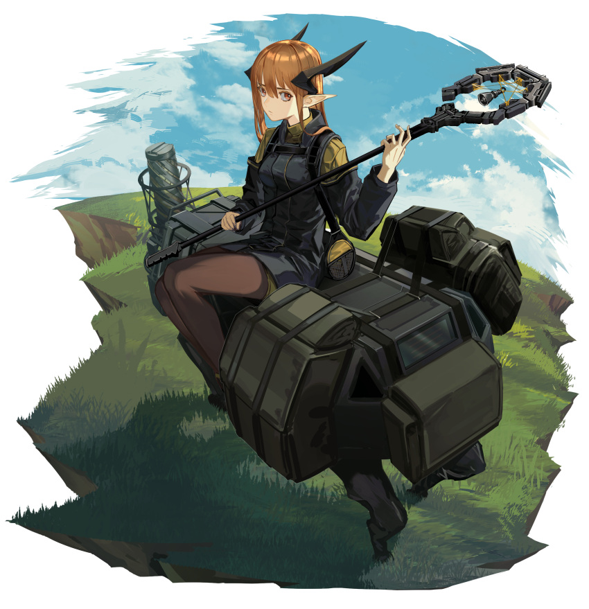 1girl absurdres bangs bell black_jacket blue_sky breasts brown_eyes brown_hair brown_legwear brown_shorts closed_mouth clouds cloudy_sky commentary_request curled_horns day eyebrows_visible_through_hair fixro2n hair_between_eyes hand_up highres holding holding_staff horns jacket legwear_under_shorts long_hair long_sleeves original pantyhose pointy_ears short_shorts shorts simple_background sitting sky small_breasts solo staff white_background