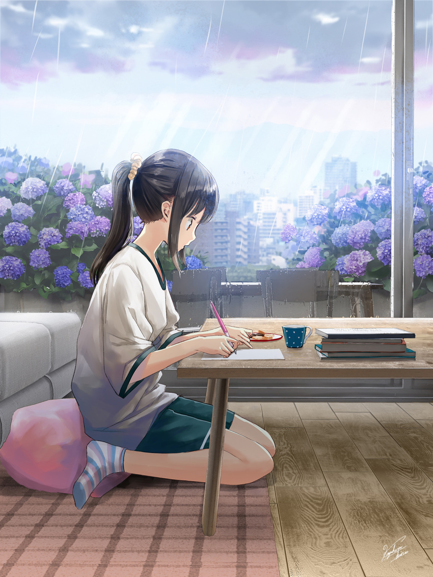 1girl black_hair blue_shorts building chair cityscape closed_mouth clouds cloudy_sky couch cup flower highres holding holding_pencil hydrangea indoors kazuharu_kina long_hair looking_down notebook orange_scrunchie original pencil ponytail purple_flower rain red_eyes scenery scrunchie shirt short_sleeves shorts sitting sky socks solo striped striped_legwear t-shirt table wariza white_shirt window writing