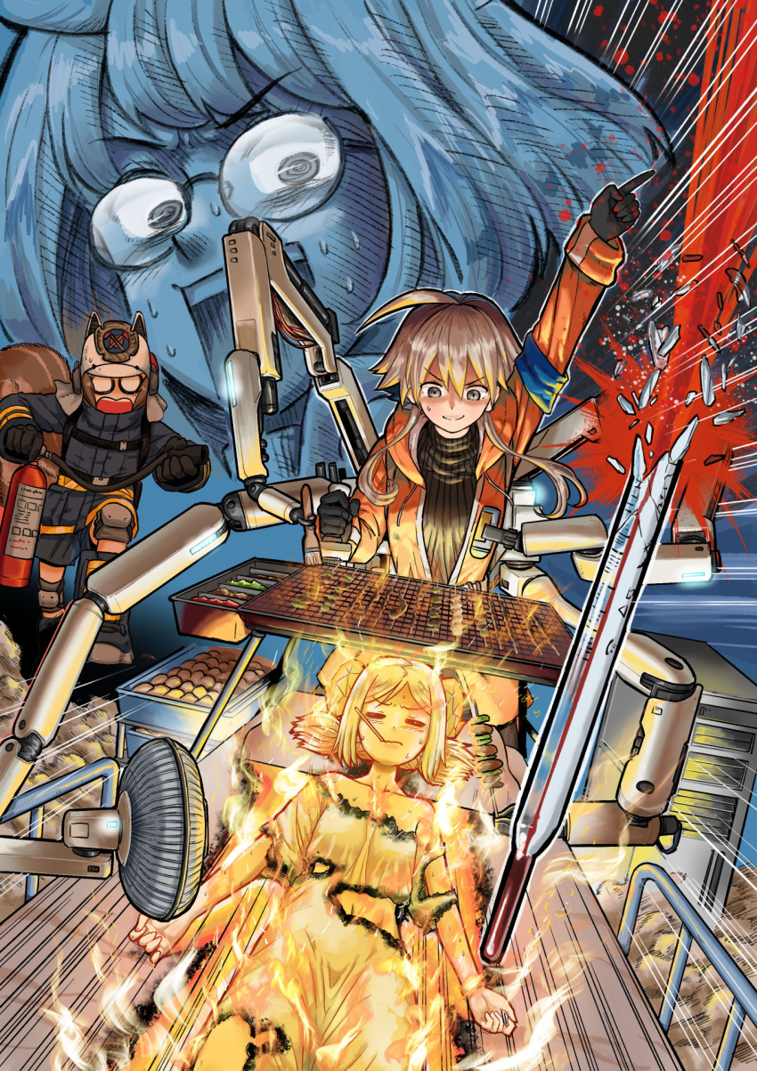 4girls ahoge arknights bed blonde_hair brown_eyes brown_hair burning burning_clothes closed_eyes fan fire fire_extinguisher fire_helmet fire_jacket firefighter food glasses gloves gobgokao grilling highres hood hoodie horns hospital_bed ifrit_(arknights) jacket knee_pads long_sleeves mayer_(arknights) mechanical_arms multiple_girls on_bed open_mouth orange_hoodie pointing pointing_up ribbed_sweater shaw_(arknights) short_hair short_twintails silence_(arknights) skewer squirrel_girl squirrel_tail sweater tail thermometer twintails
