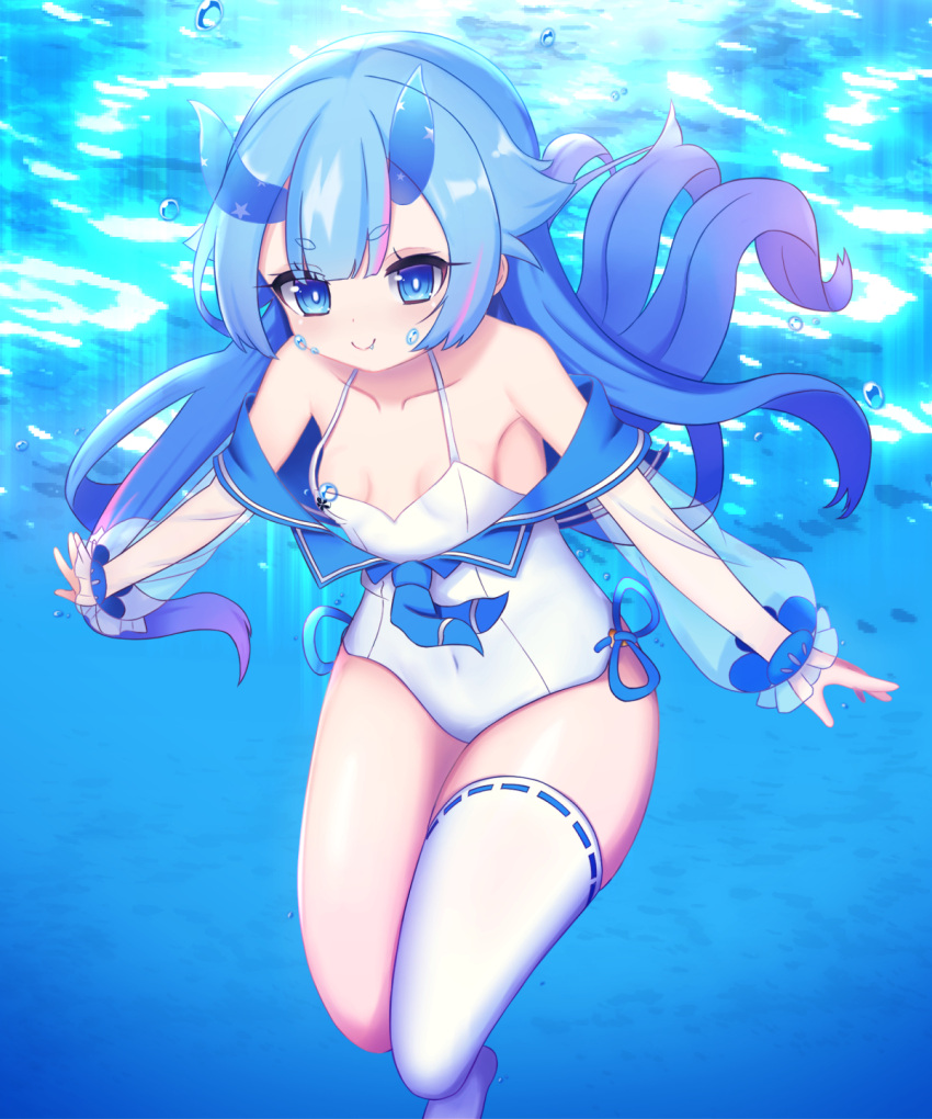 1girl air_bubble alternate_color_school_swimsuit azur_lane blue_horns breasts bubble diving fish freediving highres holding_breath horns i-13_(azur_lane) large_breasts ocean one-piece_swimsuit outdoors school_swimsuit see-through_sleeves single_thighhigh smile submerged sunlight swimming swimsuit thick_eyebrows thigh-highs transparent_horns underwater white_legwear white_swimsuit yukina_(fall)