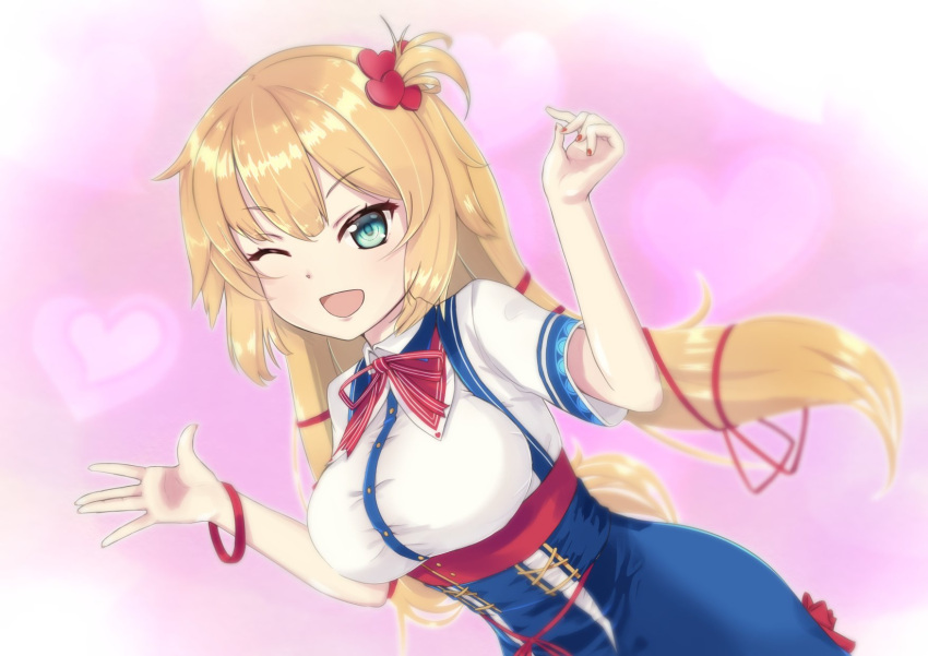 1girl \||/ akai_haato bangs blonde_hair blush breasts commentary_request green_eyes hair_ornament hair_ribbon heart heart_background heart_hair_ornament highres hololive large_breasts looking_at_viewer one_eye_closed open_mouth owl_(owl_1231) pink_background ribbon solo virtual_youtuber