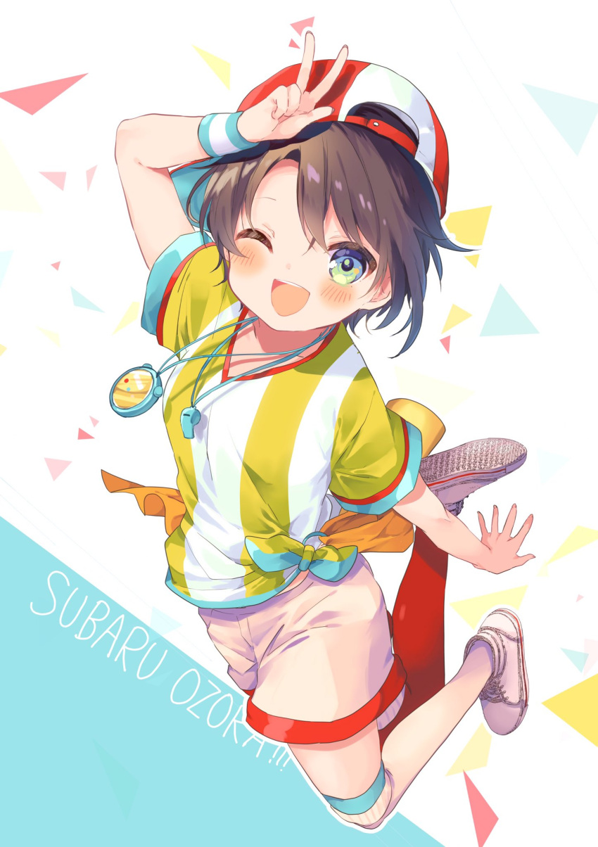 1girl aqua_eyes backwards_hat black_hair character_name full_body hat highres hololive kosuzume legband oozora_subaru shirt shoes short_hair sneakers solo stopwatch stopwatch_around_neck striped striped_shirt tied_shirt virtual_youtuber w watch whistle whistle_around_neck