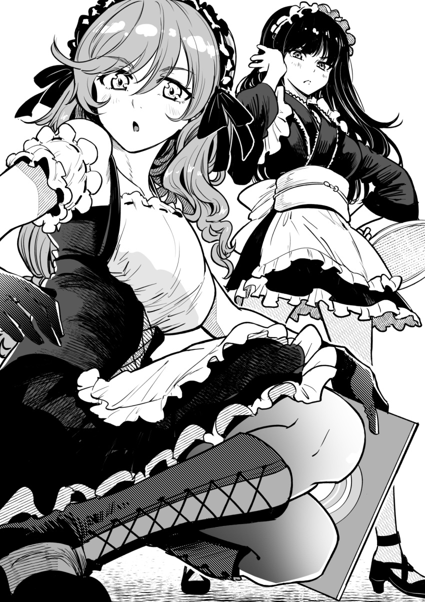 2girls alternate_costume apron bangs bonkara_(sokuseki_maou) boots closed_mouth commentary cross-laced_footwear dress enmaided eyebrows_visible_through_hair frilled_apron frilled_dress frilled_hairband frilled_sleeves frills frown girls_und_panzer glaring gloves greyscale hairband hand_in_hair hand_on_hip highres holding holding_menu holding_tray japanese_clothes knee_boots lace-up_boots long_hair long_sleeves looking_at_viewer maid mature_female menu monochrome multiple_girls nishizumi_shiho obi open_mouth pantyhose sash shimada_chiyo short_dress short_sleeves squatting standing straight_hair tray wa_maid waist_apron