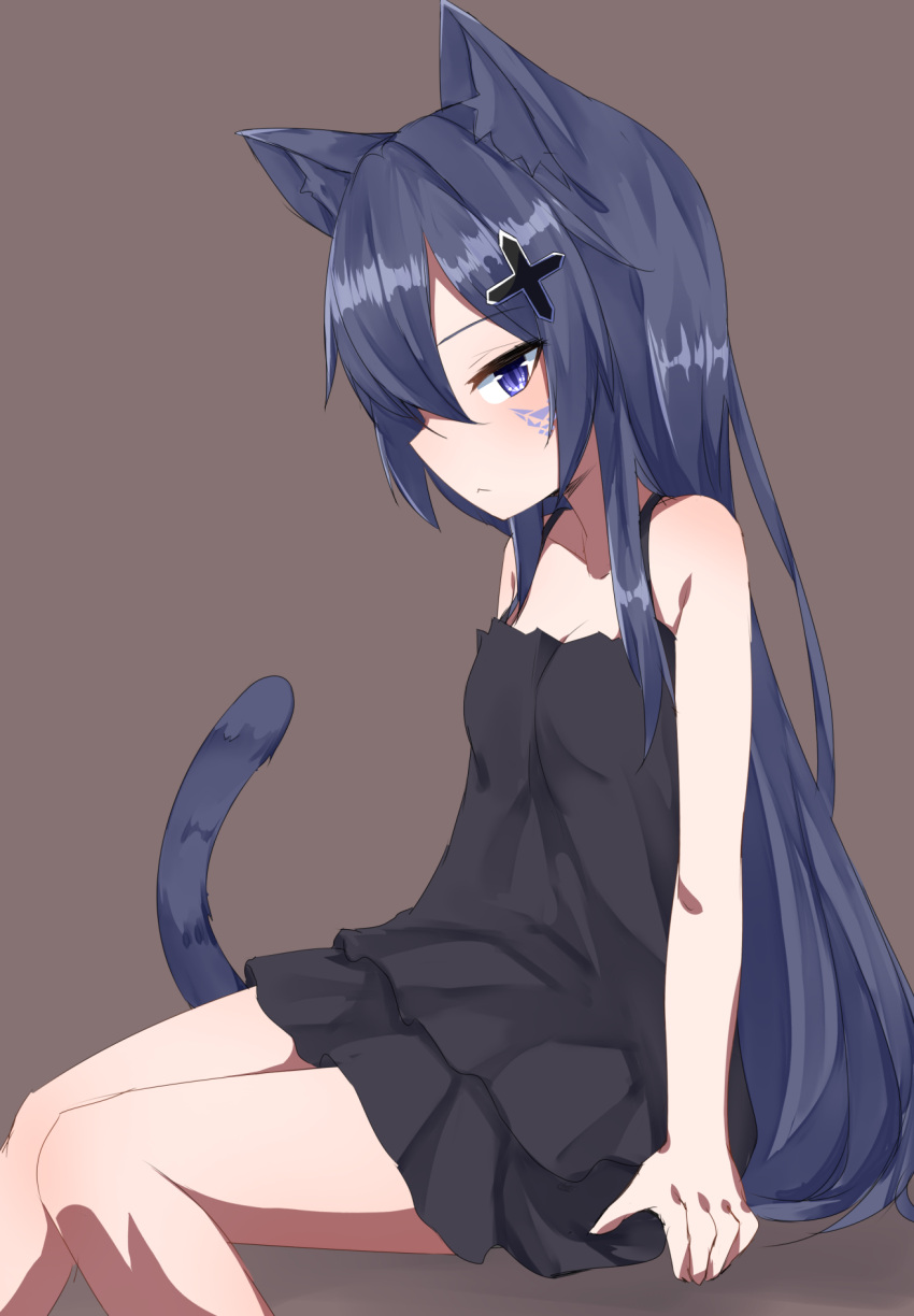 1girl animal_ears blue_eyes blue_hair breasts brown_background cat_ears cat_girl cat_tail cross_hair_ornament expressionless hair_ornament highres invisible_chair kurousagi_tetora long_hair monochrome_background nightgown original simple_background sitting sleeveless small_breasts tail