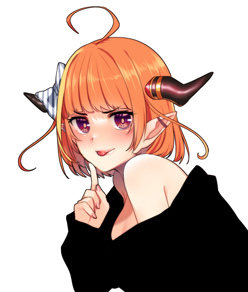 1girl :p ahoge alternate_costume alternate_hairstyle bangs bare_shoulders black_shirt blonde_hair blush bow breasts bright_pupils commentary_request diagonal-striped_bow dragon_girl dragon_horns eyebrows_visible_through_hair finger_to_own_chin from_side hand_up highlights highres hololive horn_bow horns index_finger_raised isuka kiryu_coco light_smile lips long_sleeves looking_at_viewer looking_to_the_side medium_breasts multicolored multicolored_eyes multicolored_hair off_shoulder orange_hair pink_nails pointy_ears red_eyes shirt short_hair sidelocks simple_background solo streaked_hair striped striped_bow tongue tongue_out upper_body violet_eyes virtual_youtuber white_background