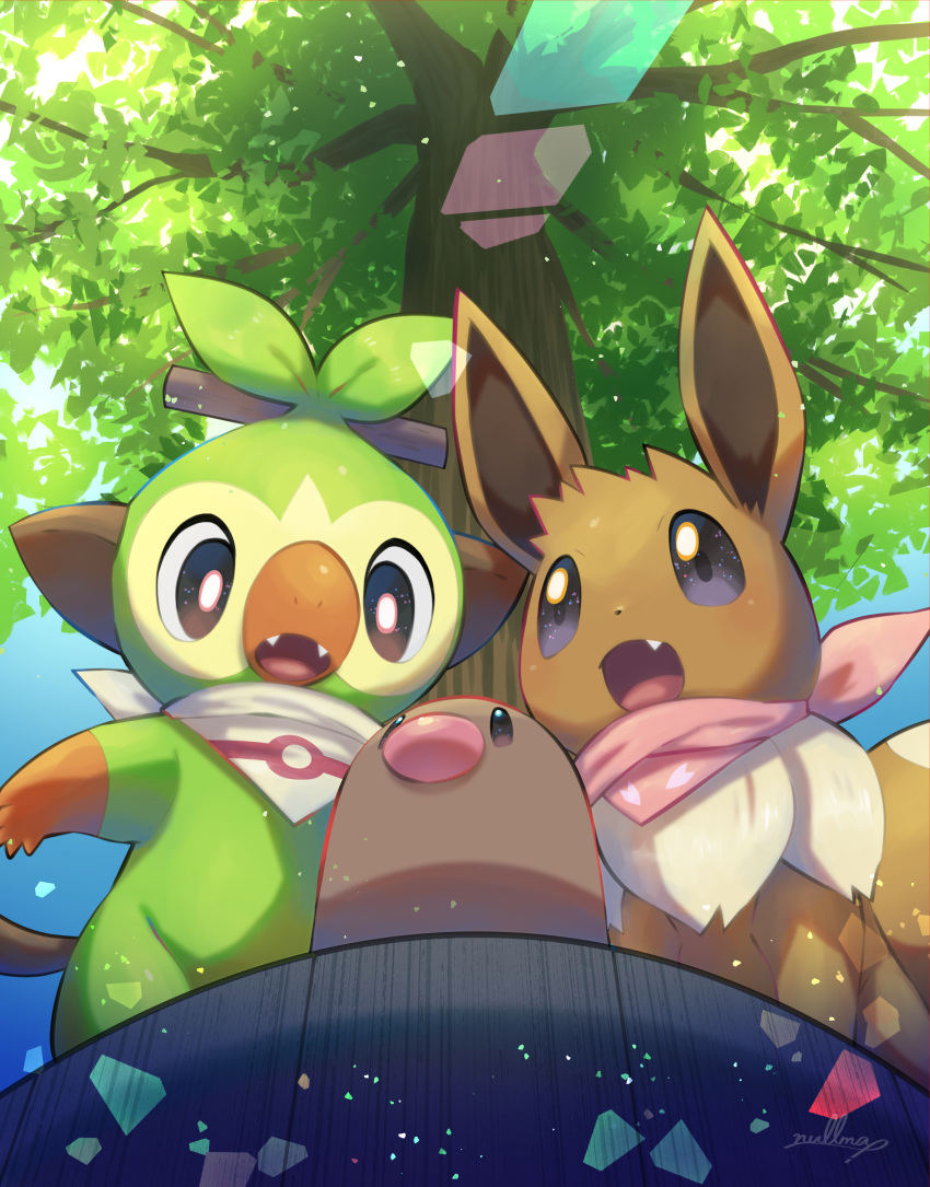 absurdres bright_pupils brown_eyes commentary_request day diglett eevee fang fangs from_below gen_1_pokemon gen_8_pokemon grey_eyes grookey highres no_humans nullma open_mouth outdoors pokemon pokemon_(creature) signature tongue tree white_pupils