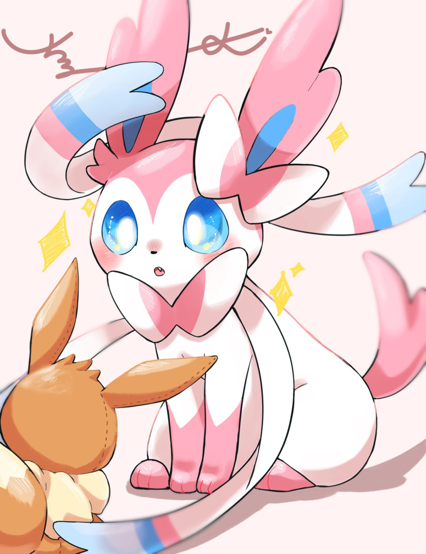 blue_eyes character_doll commentary_request eevee fang gen_1_pokemon gen_6_pokemon highres looking_at_object no_humans open_mouth paws pokemon pokemon_(creature) sitting solo sparkle surumeika_(ninfiiiir) sylveon toes tongue