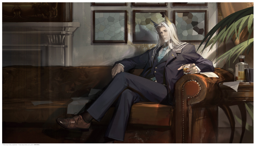 1boy alcohol animal_ears arknights bird_ears black_jacket black_pants blue_neckwear border brown_footwear chinese_commentary closed_mouth collared_shirt commentary_request couch crossed_legs cup dress_shirt dress_shoes facial_hair feather_hair fireplace formal glass goatee hellagur_(arknights) highres holding holding_cup ice ice_cube indoors jacket long_hair long_sleeves looking_at_viewer male_focus mature_male mustache necktie open_clothes open_collar open_jacket palm_leaf pants picture_frame ren_(gh) serious shadow shirt sitting socks solo suit suit_jacket tuxedo waistcoat watermark web_address whiskey white_border white_hair white_shirt