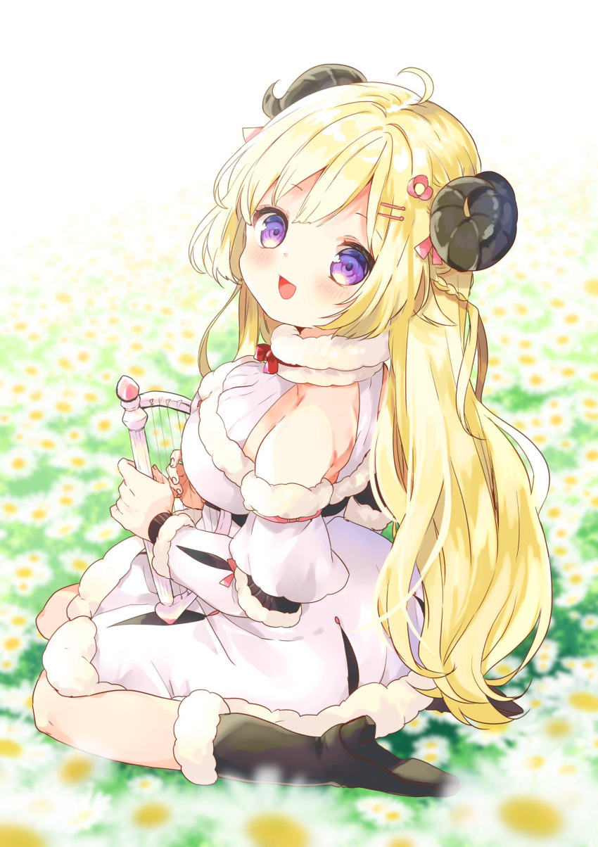 1girl blonde_hair braid breasts commentary daisy dress field flower flower_field from_side fur-trimmed_dress fur-trimmed_sleeves fur_trim hair_ornament hairclip harpy highres hololive horns kosuzume large_breasts looking_at_viewer monster_girl open_mouth sheep_girl sheep_horns sitting smile solo symbol_commentary tsunomaki_watame violet_eyes virtual_youtuber wariza white_dress