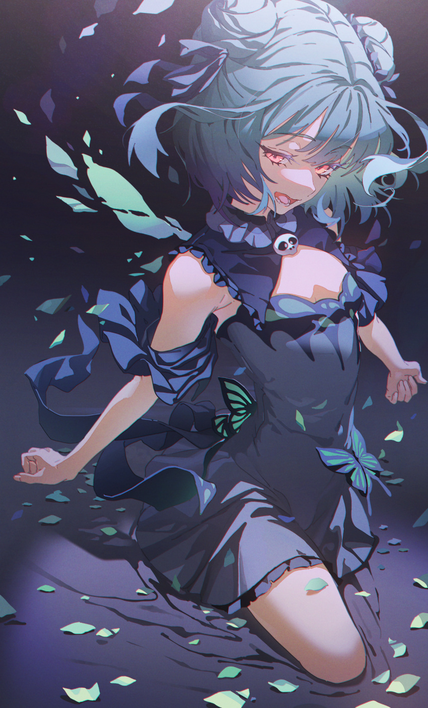 1girl bangs blue_dress blue_hair blue_ribbon brooch commentary double_bun dress eyebrows_visible_through_hair flat_chest hair_ribbon highres hololive hong jewelry looking_at_viewer open_mouth red_eyes ribbon short_hair solo uruha_rushia virtual_youtuber