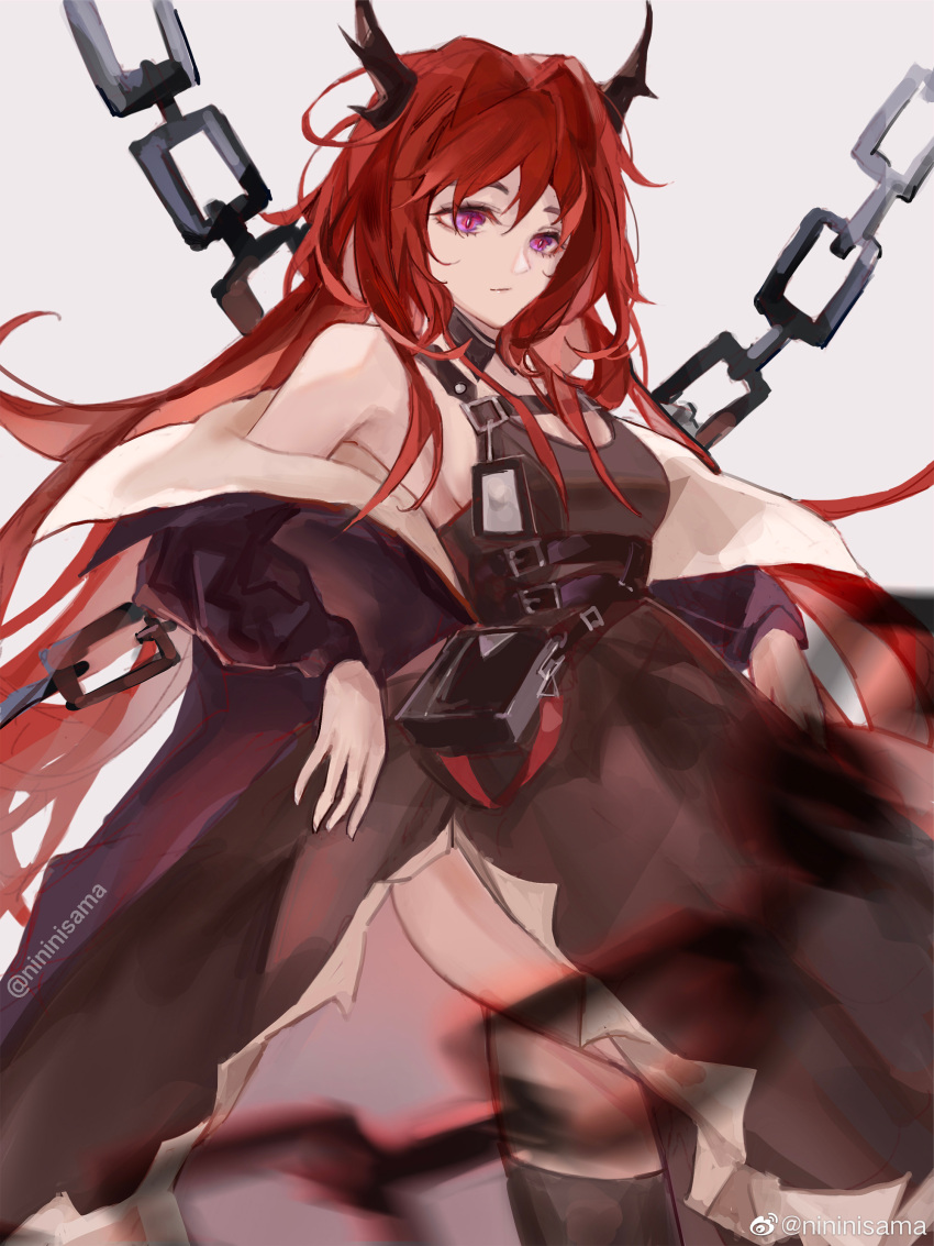 1girl absurdres arknights armpits bangs bare_shoulders breasts brown_dress chain chest_strap closed_mouth commentary_request demon demon_girl demon_horns dress highres horns id_card kneehighs long_hair long_sleeves looking_to_the_side medium_breasts nininisama off_shoulder parted_bangs pouch redhead sidelocks solo strap surtr_(arknights) very_long_hair violet_eyes weibo_username