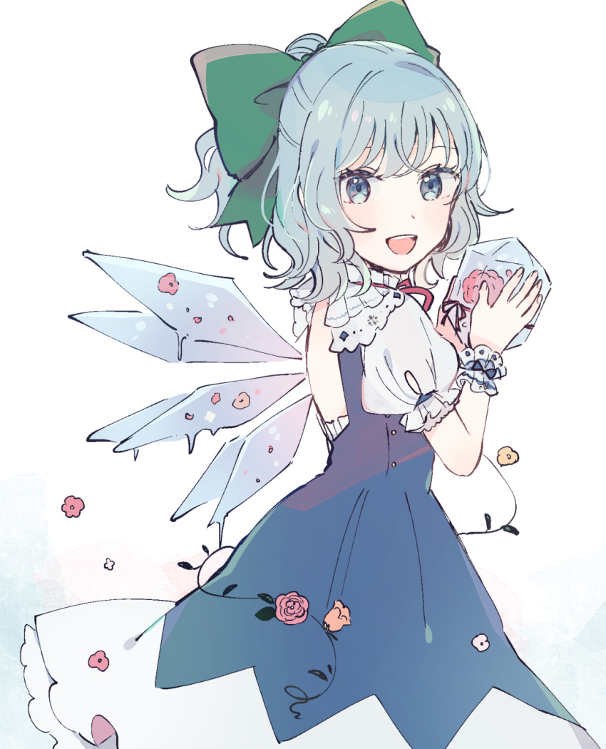 1girl alternate_hairstyle blue_dress blue_eyes blue_hair bow cirno commentary_request cowboy_shot detached_wings dress flower green_bow hair_bow highres holding ice ice_wings looking_at_viewer medium_hair melting mozukuzu_(manukedori) open_mouth ponytail rose short_sleeves solo touhou wings wrist_cuffs