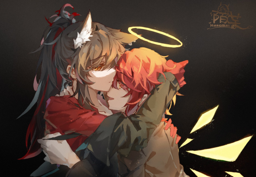 2girls animal_ear_fluff animal_ears arknights artist_name black_background black_hair black_jacket brown_shirt commentary detached_wings energy_wings extra_ears exusiai_(arknights) gloves halo highres hug jacket long_hair looking_at_another moyu_marginal multicolored_hair multiple_girls official_alternate_costume open_mouth ponytail red_eyes red_gloves red_shirt redhead shirt short_hair texas_(willpower)_(arknights) two-tone_hair undressing_another upper_body wings wolf_ears yellow_eyes yuri