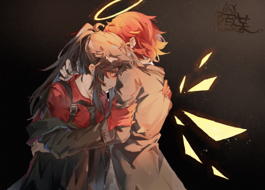 2girls animal_ear_fluff animal_ears arknights arm_grab artist_name black_background black_hair black_jacket black_neckwear brown_coat coat commentary detached_wings energy_wings extra_ears exusiai_(arknights) gloves halo highres hug jacket long_hair looking_at_another moyu_marginal multicolored_hair multiple_girls necktie official_alternate_costume open_mouth ponytail red_gloves red_shirt redhead shirt short_hair texas_(willpower)_(arknights) two-tone_hair undressing_another upper_body wings wolf_ears yellow_eyes yuri
