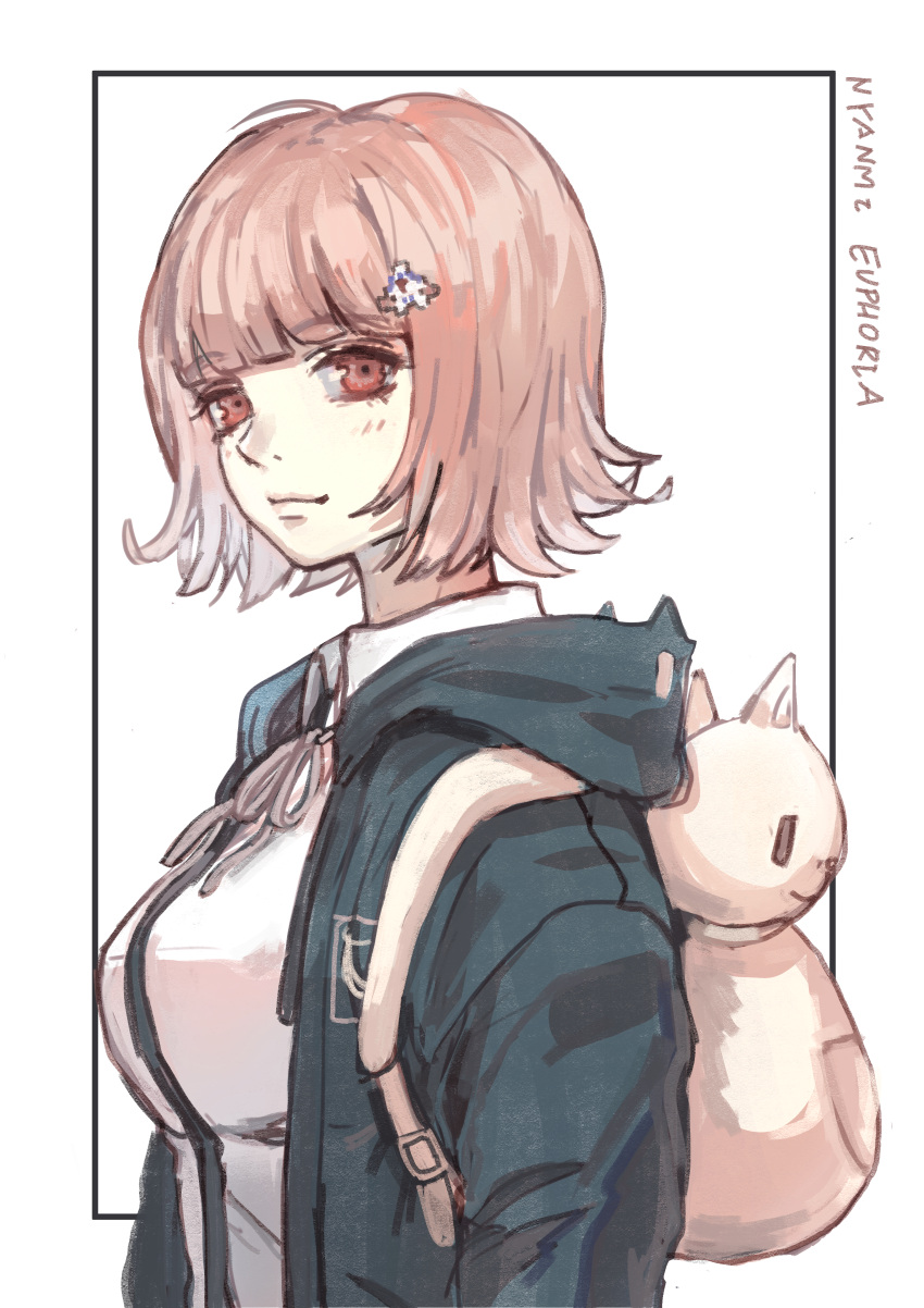 1girl absurdres animal_bag artist_name backpack bag bangs black_jacket black_shirt blush breasts brown_eyes brown_hair cat_bag collared_shirt dangan_ronpa_(series) dangan_ronpa_2:_goodbye_despair eyebrows_visible_through_hair flipped_hair from_side hair_ornament hairclip highres hood hood_down huge_filesize jacket large_breasts long_sleeves looking_at_viewer medium_hair nanami_chiaki neck_ribbon pink_hair ribbon ringovalent shirt solo two-tone_shirt upper_body white_background