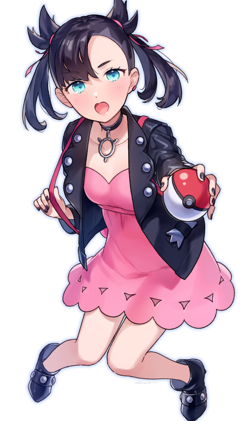 1girl ai_kusunoki ankle_boots aqua_eyes asymmetrical_bangs bangs black_choker black_footwear black_hair black_jacket black_nails blush boots choker collarbone commentary dress earrings eyelashes hair_ribbon highres holding holding_poke_ball holding_strap jacket jewelry knees_together_feet_apart looking_at_viewer marnie_(pokemon) nail_polish open_clothes open_jacket open_mouth pink_dress pink_ribbon poke_ball poke_ball_(basic) pokemon pokemon_(game) pokemon_swsh ribbon solo strap tongue white_background