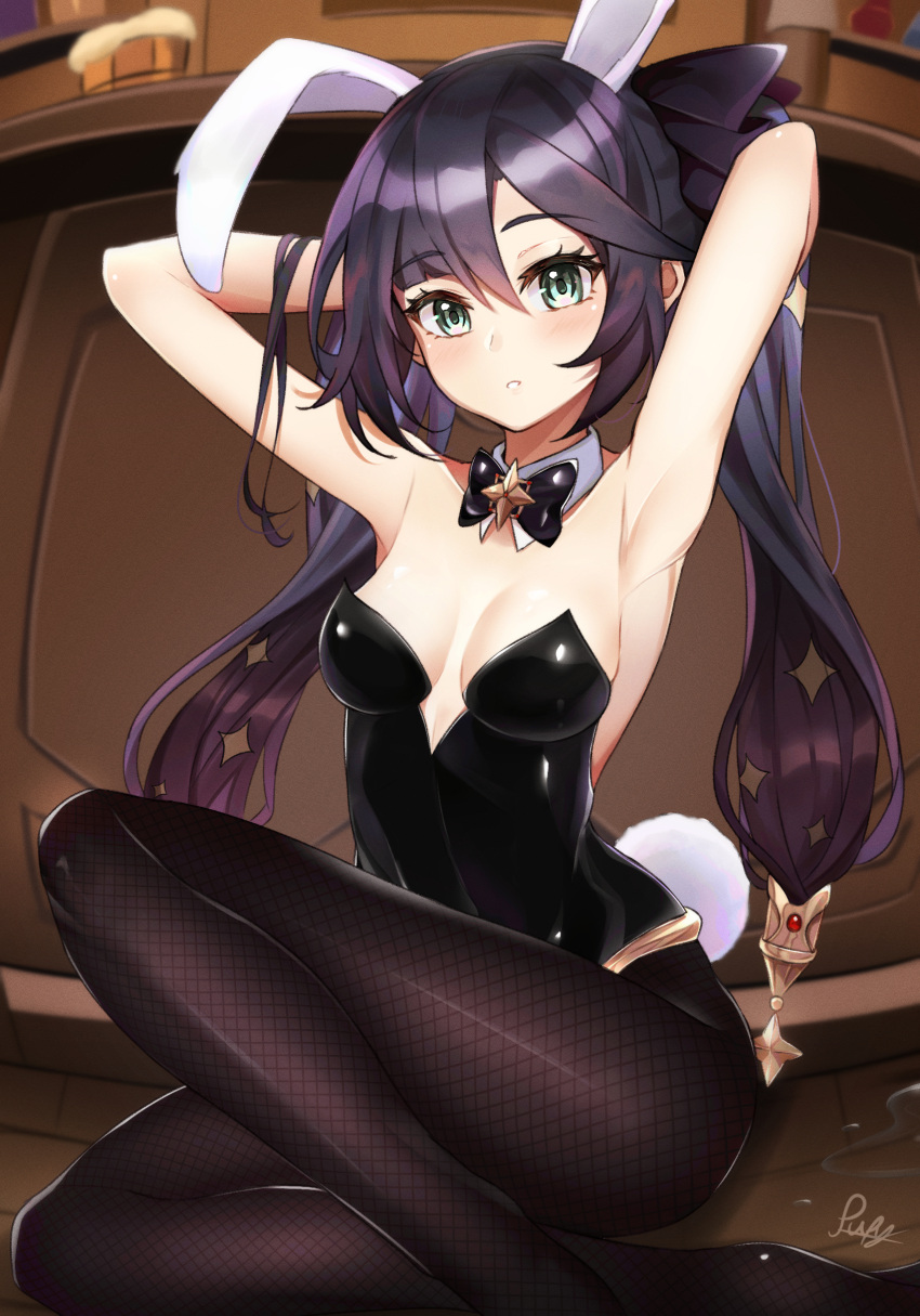 1girl absurdres animal_ears aqua_eyes armpits arms_behind_head arms_up bare_arms bare_shoulders black_hair black_leotard bow bowtie breasts brown_legwear bunny_tail detached_collar fake_animal_ears fake_tail fishnet_legwear fishnets genshin_impact gold_trim hair_bow highres leotard long_hair looking_at_viewer medium_breasts mona_megistus pantyhose parted_lips playboy_bunny pupy_exe rabbit_ears sitting solo strapless strapless_leotard tail twintails very_long_hair
