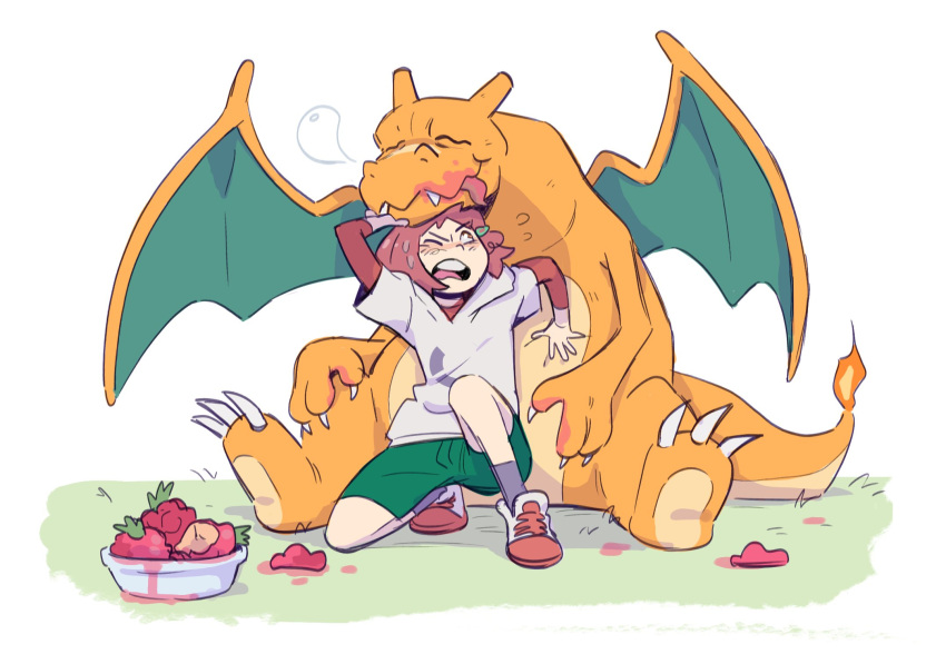 1girl berry charizard claws gen_1_pokemon green_shorts highres looking_at_another nose_bubble older one_eye_closed pepper_bottom pink_hair pokemon poketoon red_sleeves shirt shorts sleeping tongue tongue_out tsubomi_(pokemon) white_shirt