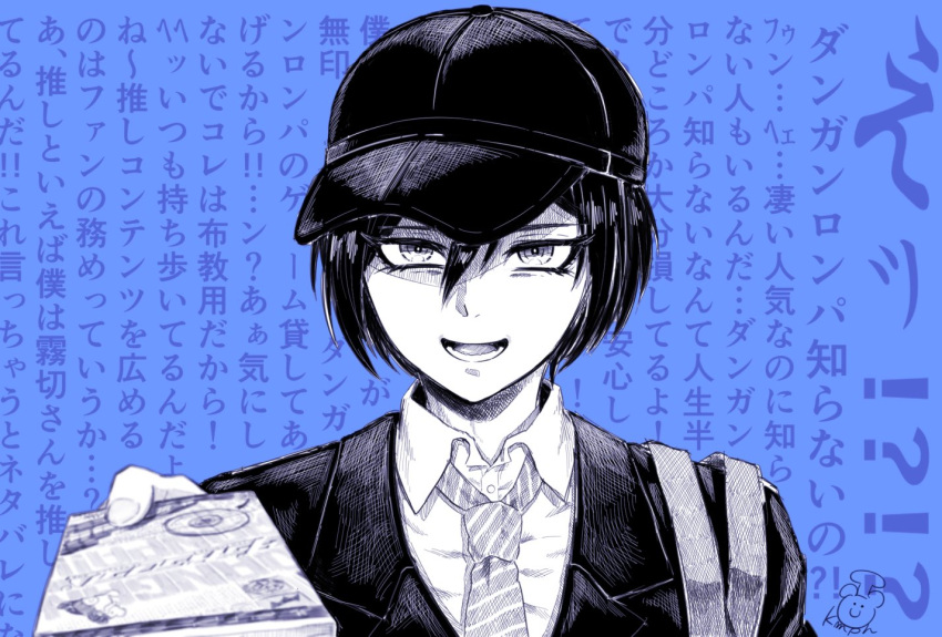 1boy bangs black_hair black_headwear blue_background collared_shirt commentary_request dangan_ronpa_(series) dangan_ronpa_v3:_killing_harmony giving hair_between_eyes hat holding jacket kuma_pan_(bearbread624) looking_at_viewer lower_teeth male_focus monochrome monokuma necktie official_alternate_costume open_mouth portrait shirt signature simple_background smile solo teeth translation_request upper_body