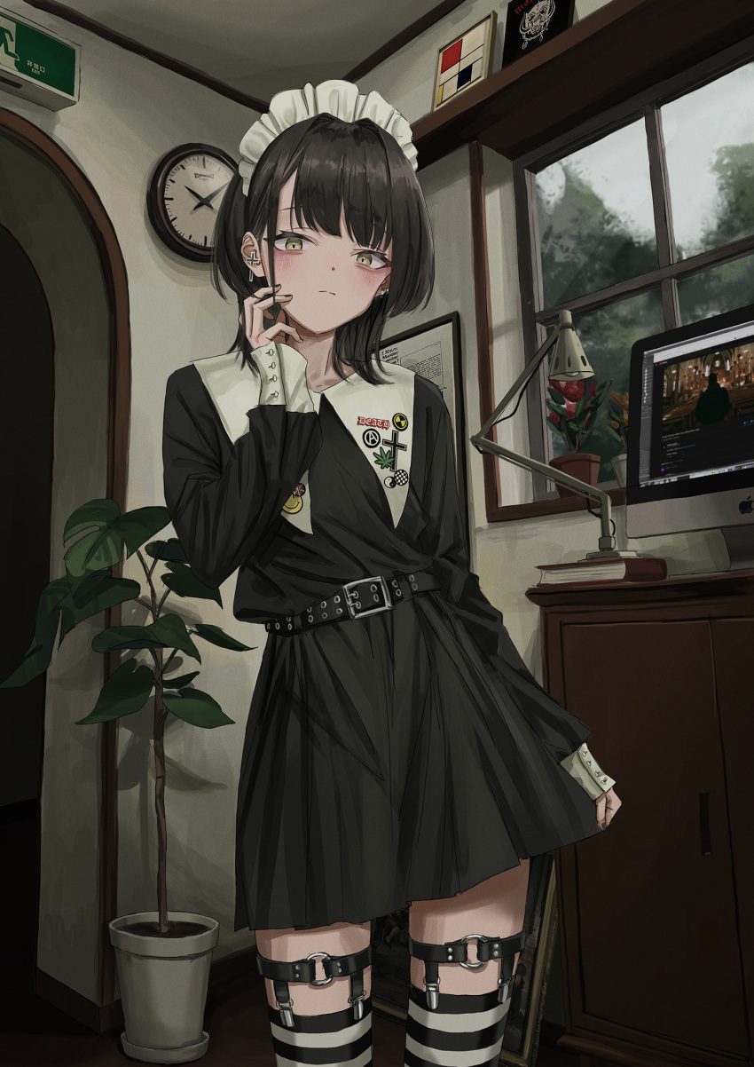 1girl apple_inc. belt black_belt black_dress black_hair black_nails book cabinet clock closed_mouth composition_c_(no.iii)_with_red_yellow_and_blue cross cross_earrings desk_lamp dress earrings exit_sign fingernails hand_up highres indoors jewelry lamp latin_cross long_sleeves looking_at_viewer maid_headdress medium_hair monitor motorhead nadegata nail_polish original piet_mondrian_(artist) pin plant potted_plant revision short_dress solo striped striped_legwear thigh-highs thigh_strap wall_clock window yellow_eyes