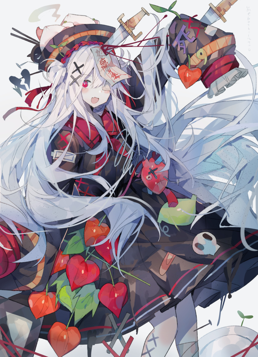 1girl absurdres artist_name bandage_over_one_eye bandaged_leg bandages bandaid baozi blood blush chopsticks dress eyepatch food food_on_head hair_between_eyes hair_bun hair_ornament hat highres jiangshi knife_in_head leaf long_hair nail object_on_head ofuda open_mouth original pale_skin pepper plate qing_guanmao red_eyes sailor_collar sleeves_past_fingers sleeves_past_wrists solo steam umemaro_(siona0908) white_background white_hair x_hair_ornament