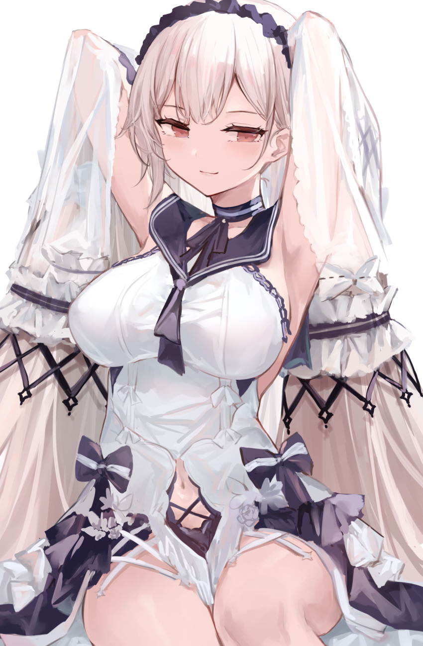 1girl 7gao armpits arms_up azur_lane black_bow black_choker black_hairband black_ribbon blush bow breasts chain choker closed_mouth clothing_cutout dress formidable_(azur_lane) formidable_(timeless_classics)_(azur_lane) hair_ornament hairband highres large_breasts long_hair looking_at_viewer navel navel_cutout red_eyes ribbon see-through silver_hair simple_background sitting sleeveless sleeveless_dress smile smug solo twintails very_long_hair white_background white_dress