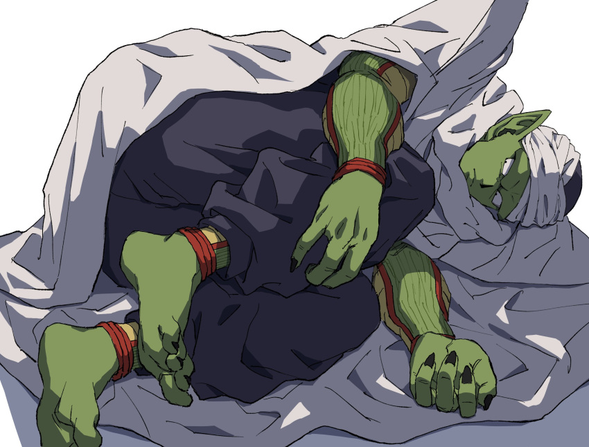 1boy barefoot black_nails closed_mouth colored_skin dragon_ball green_skin highres lying magu_5 male_focus on_side piccolo pointy_ears simple_background solo turban white_background