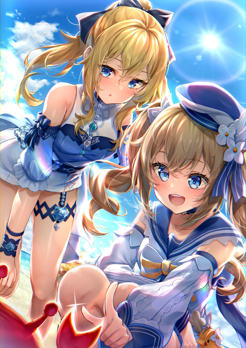 2girls bangs barbara_pegg blonde_hair blue_eyes blush bow breasts genshin_impact hair_bow henacho highres jean_gunnhildr large_breasts long_hair looking_at_viewer medium_breasts multiple_girls open_mouth ponytail sidelocks sisters smile swimsuit twintails