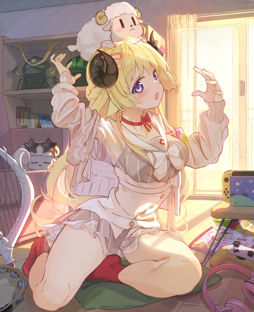 1girl absurdres ahoge animal_ears animal_on_head armor armpits arms_up bare_legs beek blonde_hair blush book braid breasts cardigan choker collarbone commentary controller curtains day dress eyebrows_visible_through_hair food french_braid frilled_dress frills fruit full_body game_controller grey_dress hair_ornament hair_ribbon hairclip harp headphones headphones_removed helmet highres hololive horns indoors instrument japanese_armor kabuto long_hair looking_at_viewer medium_breasts nintendo_switch off_shoulder official_alternate_costume on_head open_cardigan open_clothes open_mouth pink_ribbon red_choker red_footwear ribbon see-through see-through_sleeves sheep sheep_ears sheep_girl sheep_horns shelf short_dress snack socks solo star-shaped_eyewear striped sunglasses sunlight tambourine thighs tsunomaki_watame underbust vertical-striped_dress vertical_stripes very_long_hair violet_eyes virtual_youtuber watermelon window wooden_floor