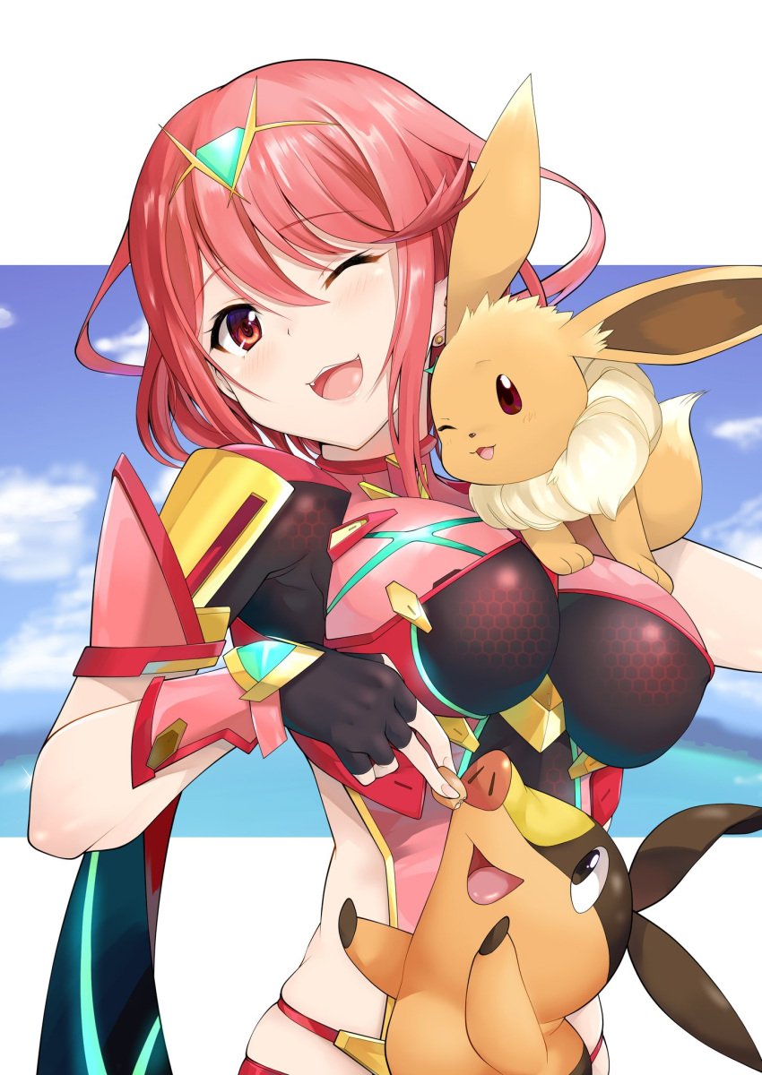 1girl bangs black_gloves breasts chest_jewel crossover daive earrings eevee fingerless_gloves gen_1_pokemon gen_5_pokemon gloves highres jewelry large_breasts pokemon pyra_(xenoblade) red_eyes red_shorts redhead short_hair short_shorts shorts swept_bangs tepig tiara xenoblade_chronicles_(series) xenoblade_chronicles_2