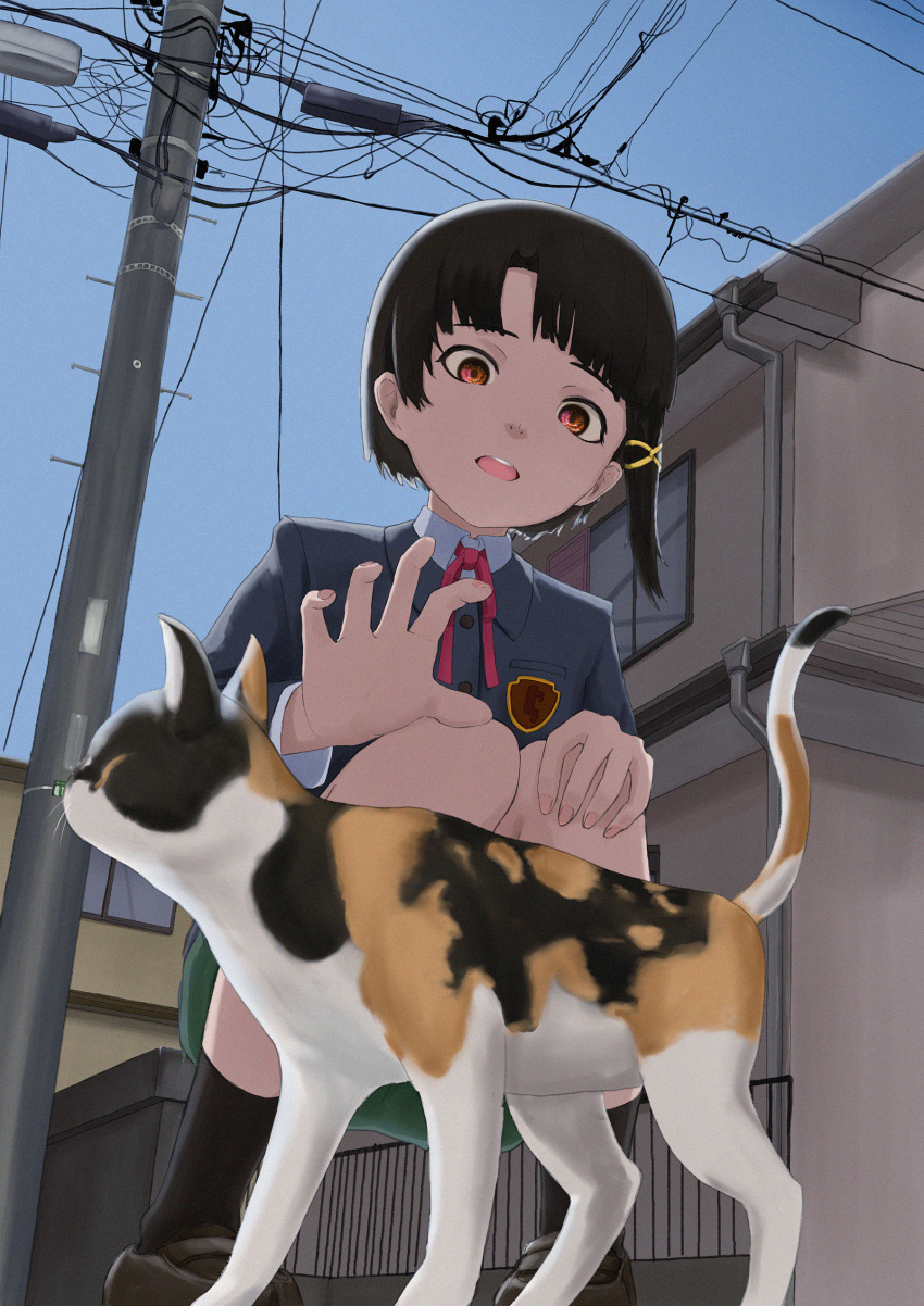 1girl absurdres black_hair black_legwear brown_eyes brown_footwear building cat hair_tie highres huge_filesize iwakura_lain mugnefarious outdoors power_lines school_uniform serial_experiments_lain socks solo squatting