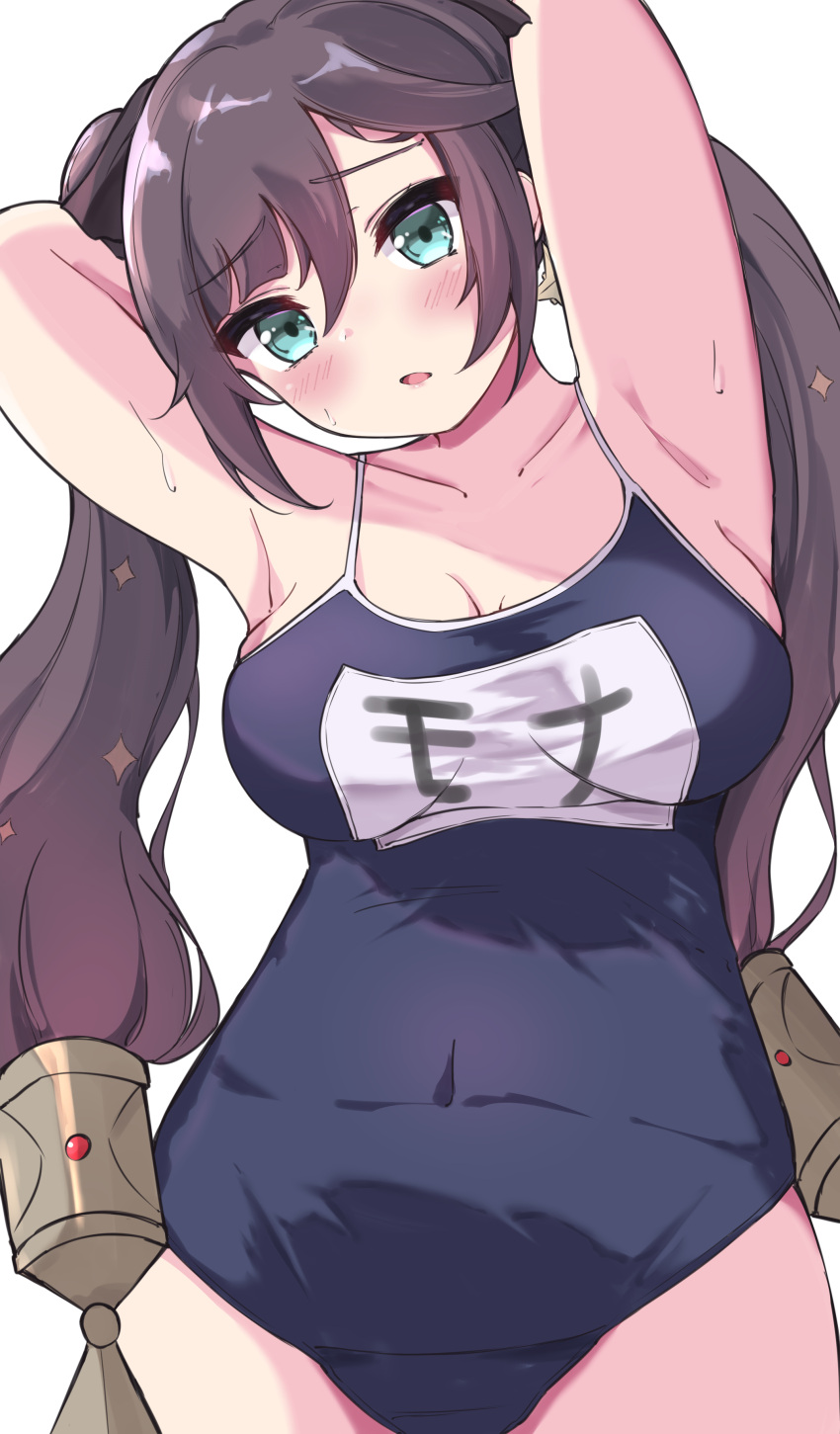 1girl absurdres armpits arms_up bangs black_swimsuit blush breasts brown_hair collarbone covered_navel cowboy_shot eyebrows_visible_through_hair genshin_impact green_eyes hair_between_eyes hair_ornament hido_(meori_apu_da) highres long_hair looking_at_viewer medium_breasts mona_megistus name_tag old_school_swimsuit one-piece_swimsuit school_swimsuit sidelocks simple_background solo standing swimsuit twintails white_background