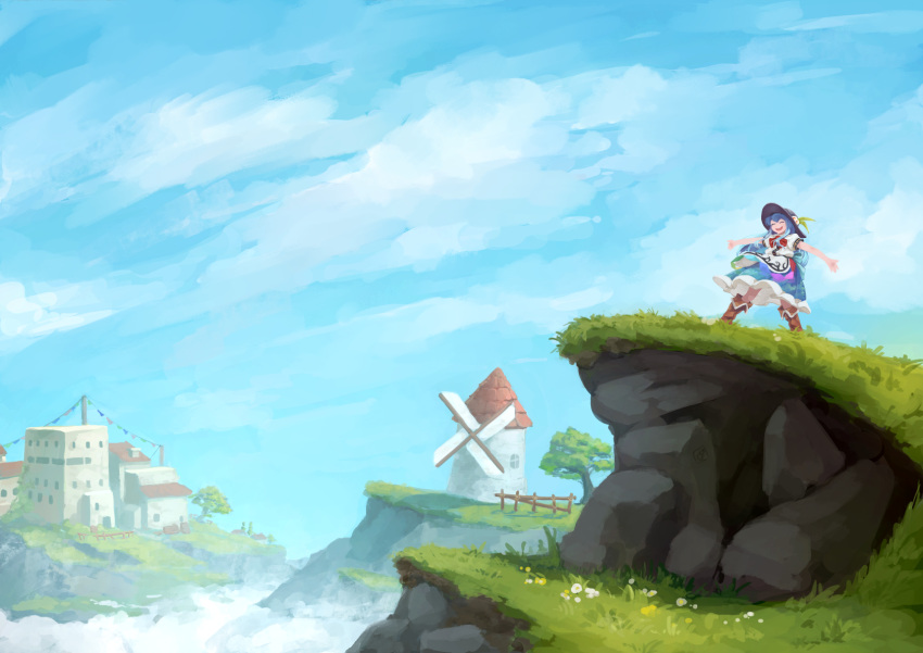 1girl black_headwear blue_hair blue_skirt blue_sky city closed_eyes clouds food fruit grass highres hinanawi_tenshi hyoutan_tan leaf long_hair open_mouth outdoors outstretched_arms peach scenery short_sleeves skirt sky smile solo touhou tree wide_shot windmill