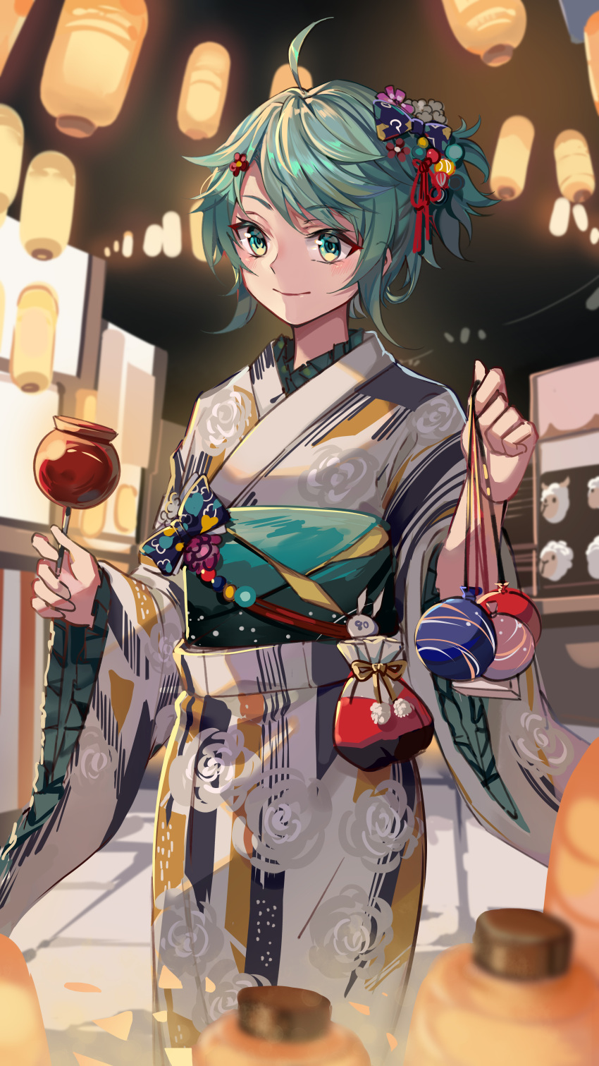 1girl absurdres bishounen blurry blush bow candy_apple closed_mouth depth_of_field eyebrows_visible_through_hair festival floral_print food food_stand ginyasama green_eyes green_hair hair_bow hair_ornament highres holding holding_food japanese_clothes kimono lantern looking_at_viewer mask night original paper_lantern short_hair smile solo standing summer_festival tagme wide_sleeves yukata