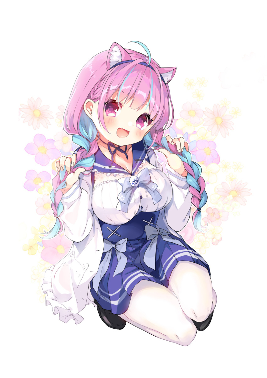 1girl absurdres ahoge animal_ears aqua_hair blue_skirt braid breasts cat_ears cat_girl full_body hairband highres holding holding_hair hololive jacket kosuzume large_breasts minato_aqua multicolored_hair open_mouth pantyhose pink_hair pleated_skirt skirt smile solo streaked_hair twin_braids two-tone_hair virtual_youtuber