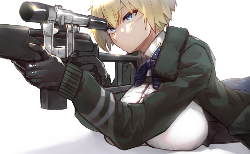 1girl absurdres aiming bangs black_gloves black_jacket blonde_hair blue_eyes blue_neckwear blue_skirt breasts closed_mouth collared_shirt commentary_request convenient_breasts cowboy_shot eyebrows_visible_through_hair girls_frontline gloves gun hair_between_eyes highres holding holding_gun holding_weapon jacket kurozukin_(th_krz_890) large_breasts long_sleeves lying mole mole_under_eye neck_ribbon on_stomach open_clothes open_jacket ribbon rifle shadow shirt shirt_tucked_in short_hair sidelocks simple_background skirt solo vsk-94 vsk-94_(girls_frontline) weapon white_background white_shirt