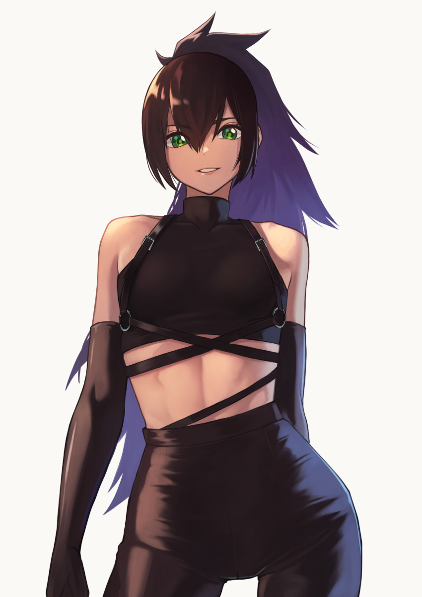 1girl absurdres bare_shoulders black_gloves black_pants black_shirt breasts brown_hair chest_harness commentary_request contrapposto covered_collarbone cowboy_shot crop_top elbow_gloves gloves green_eyes halter_top halterneck hara_kenshi harness high-waist_pants highres linea_alba long_hair looking_at_viewer original pants parted_lips ponytail shirt simple_background small_breasts smile solo toned white_background zone_(hara_kenshi)
