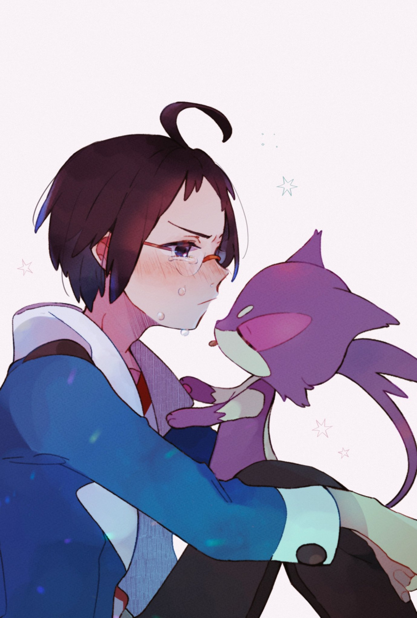 1boy ahoge bangs blue_jacket blush brown_hair cheren_(pokemon) closed_eyes closed_mouth commentary_request crying gen_5_pokemon glasses highres jacket male_focus ohds101 pants pokemon pokemon_(creature) pokemon_(game) pokemon_bw purrloin sad shirt short_hair sitting tears tongue tongue_out white_shirt