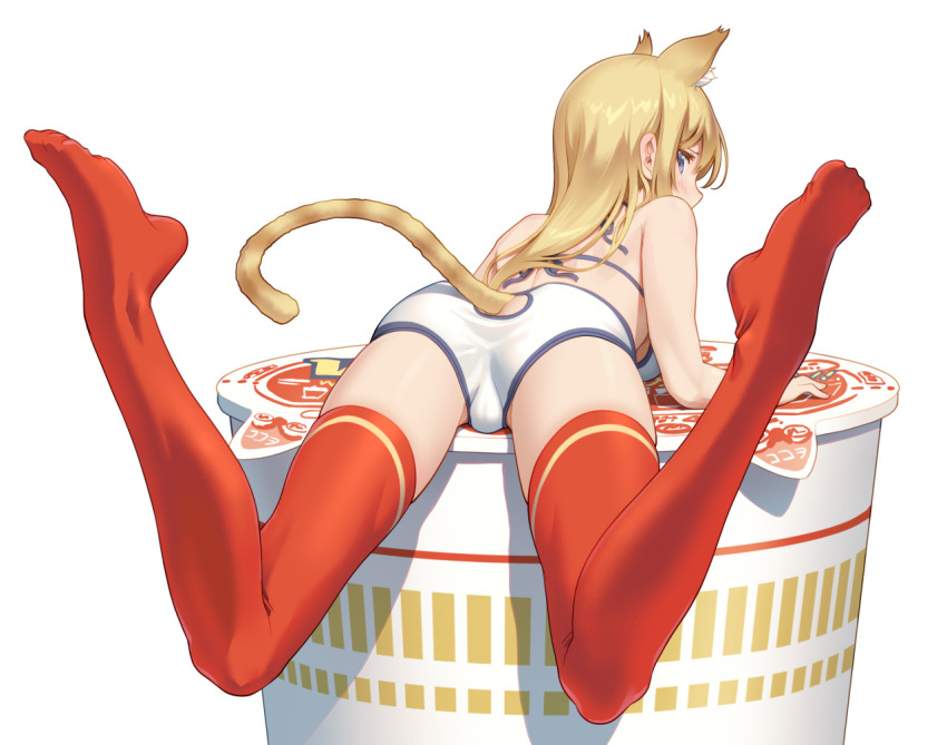 1girl animal_ear_fluff animal_ears ass bare_arms bare_shoulders bikini blonde_hair blue_eyes blush breasts cat_ears cat_girl cat_tail clothing_cutout commentary_request cup_noodle extra_ears feet_up from_behind full_body long_hair looking_at_viewer looking_back lying medium_breasts minigirl no_shoes on_stomach original pinakes red_legwear sidelocks simple_background solo swimsuit tail tail_cutout thigh-highs trefoil under_boob white_background white_bikini