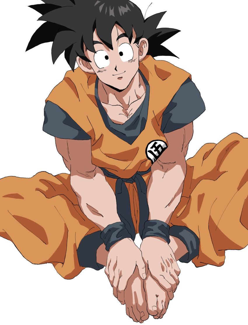 1boy absurdres barefoot black_eyes black_hair bracer closed_mouth dougi dragon_ball highres looking_at_viewer magu_5 male_focus simple_background smile solo son_goku spiky_hair white_background