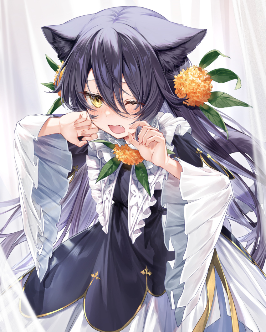 1girl animal_ears bangs black_dress black_hair blush brown_flower cat_ears cat_girl cat_tail commentary_request curtains dress eyebrows_visible_through_hair fang flower hair_between_eyes hair_flower hair_ornament hands_up highres long_hair long_sleeves looking_at_viewer one_eye_closed open_mouth original solo tail transparent very_long_hair wide_sleeves yellow_eyes yuya_(night_lily)