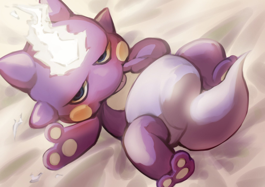 bed_sheet blue_eyes commentary_request from_above gen_8_pokemon highres looking_at_viewer lying no_humans on_back pokemon pokemon_(creature) solo toes tongue tongue_out toxel yuro_(mangasukinoyuro)