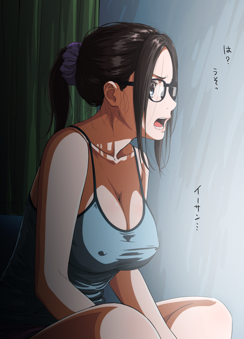 1girl absurdres blue_eyes breasts brown_hair collarbone covered_nipples curtains glasses highres indian_style indoors kakitama large_breasts messy_hair open_mouth original scrunchie sitting solo translation_request