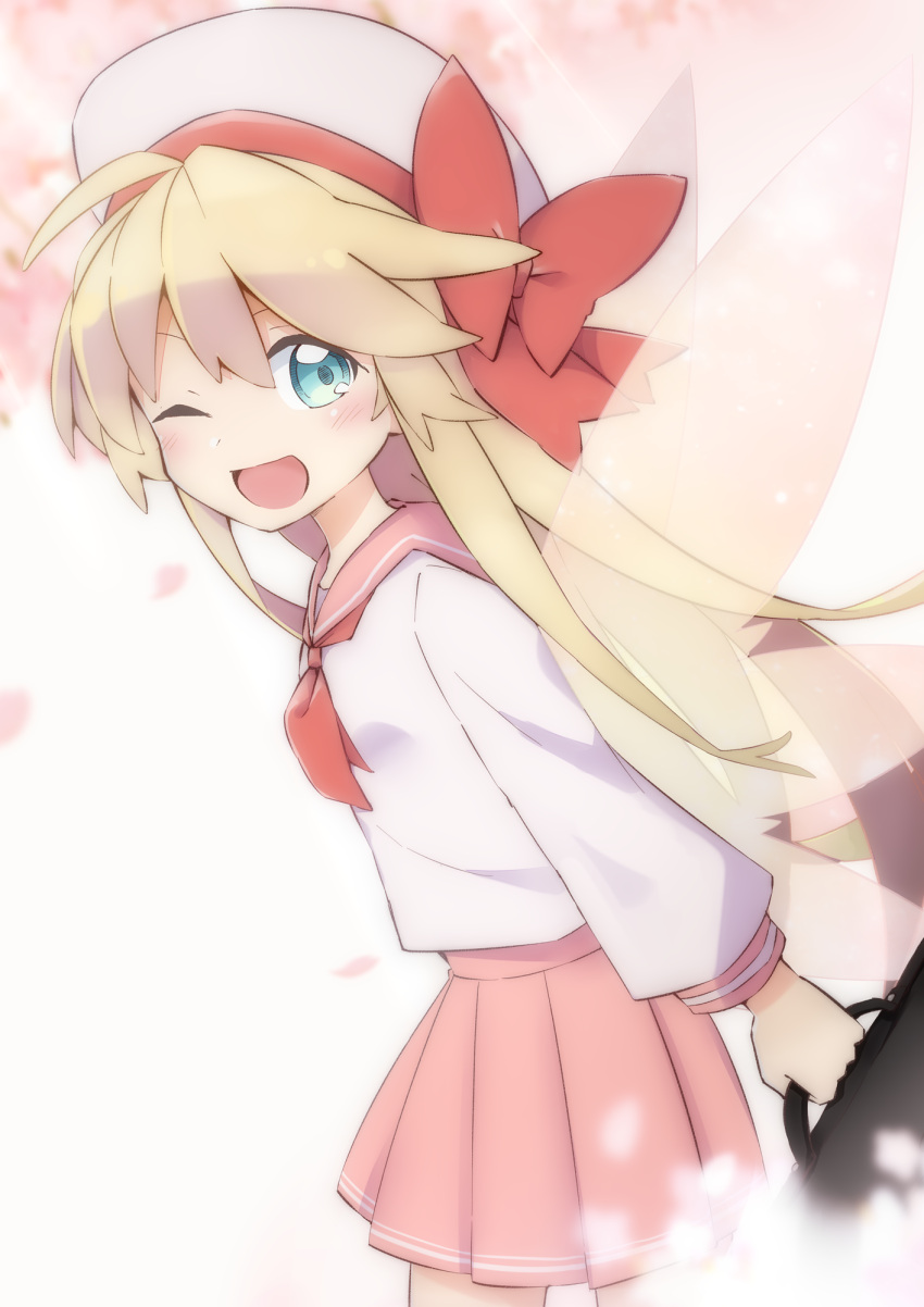 1girl ;d ahoge bag blonde_hair blue_eyes blurry blurry_background blush bow cherry_blossoms collared_shirt commentary cowboy_shot fairy_wings from_side hat hat_bow highres holding holding_bag lily_white long_hair long_sleeves looking_at_viewer one_eye_closed open_mouth petals pink_skirt pleated_skirt red_bow red_neckwear sailor_collar school_bag school_uniform serafuku shirt skirt smile touhou white_headwear white_shirt wings yutamaro